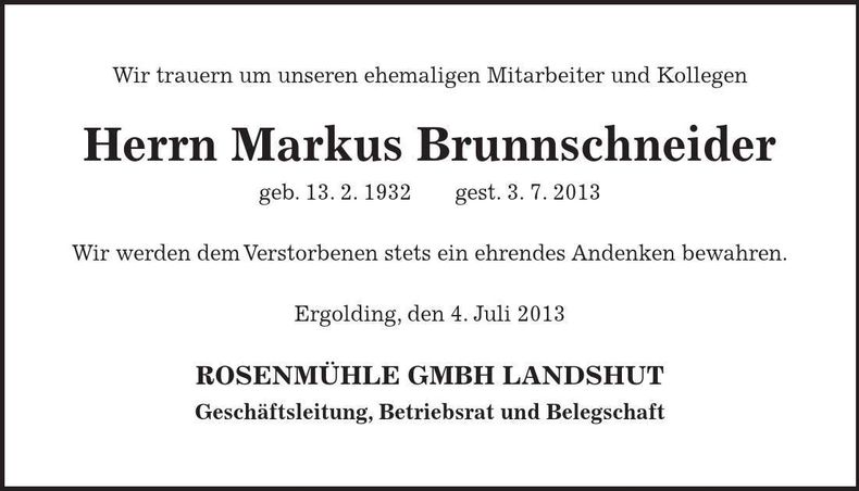 Traueranzeige Markus Brunnschneider