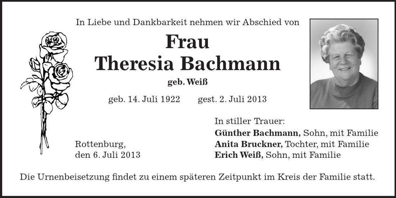 Traueranzeige Theresia Bachmann