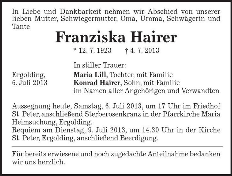 Traueranzeige Franziska Hairer