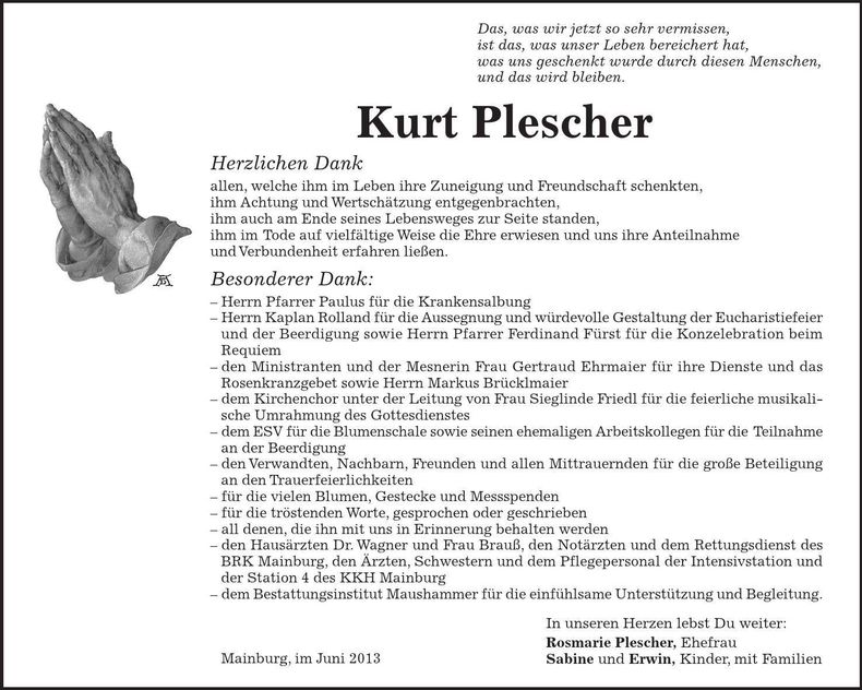 Traueranzeige Kurt Plescher