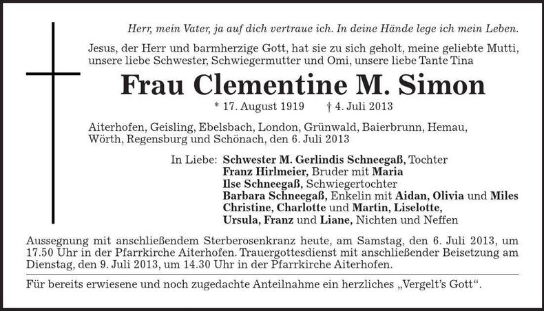 Traueranzeige Clementine M. Simon