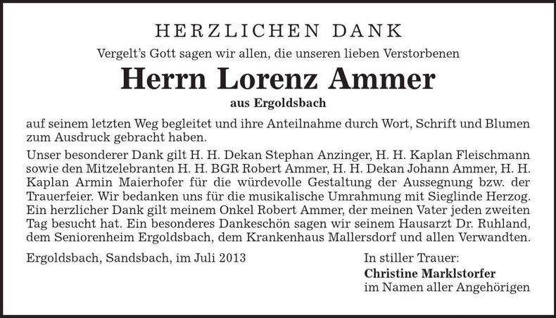 Traueranzeige Lorenz Ammer