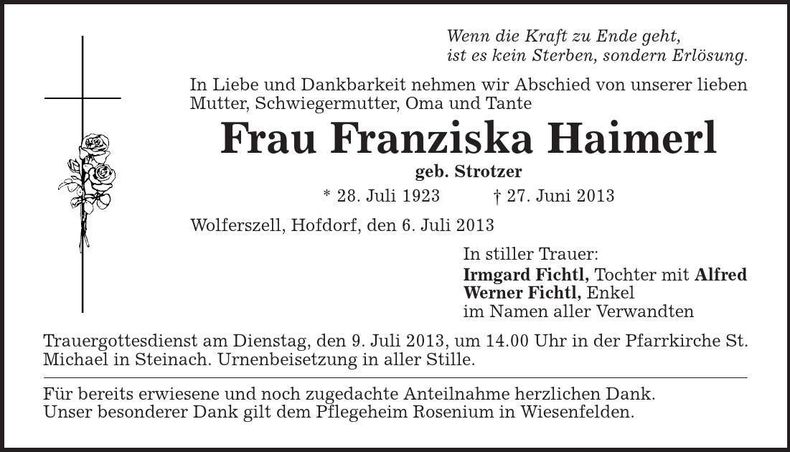 Traueranzeige Franziska Haimerl