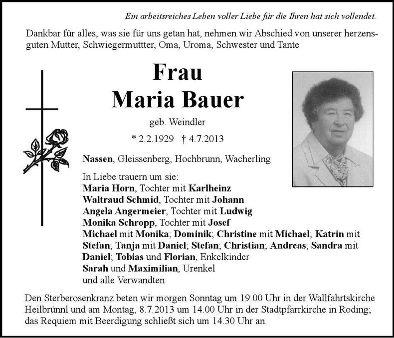 Traueranzeige Maria Bauer