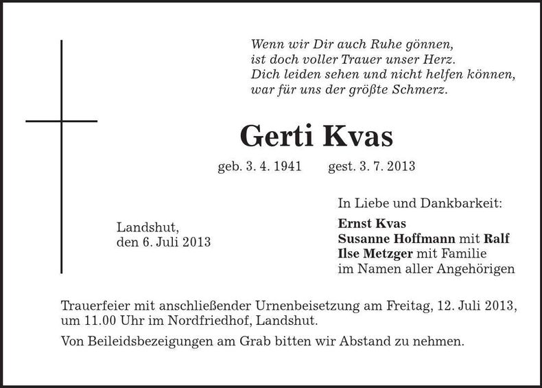 Traueranzeige Gerti Kvas