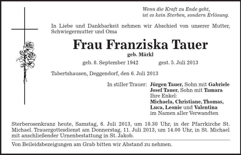 Traueranzeige Franziska Tauer