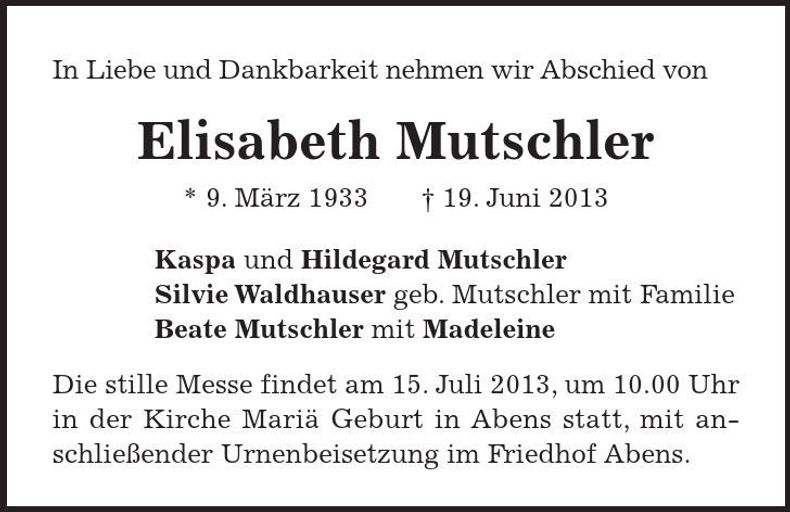 Traueranzeige Elisabeth Mutschler