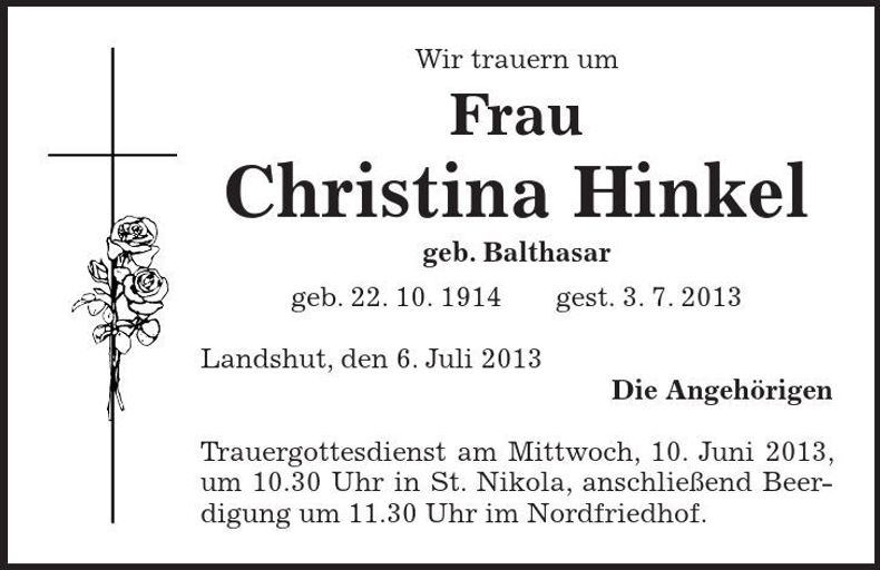 Traueranzeige Christina Hinkel