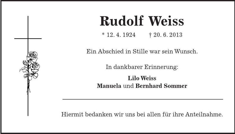 Traueranzeige Rudolf Weiss