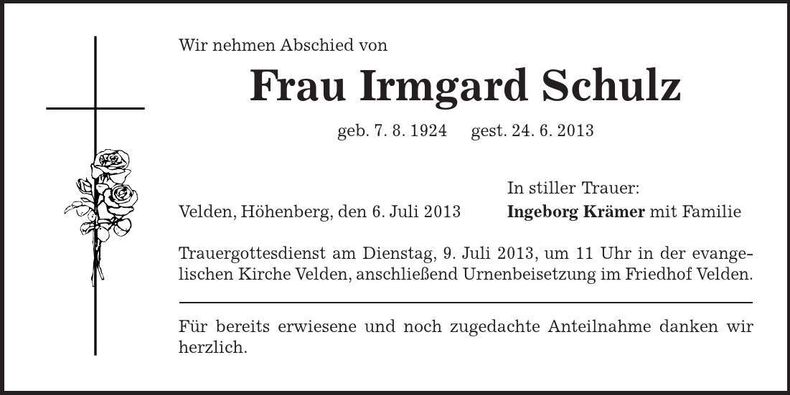 Traueranzeige Irmgard Schulz
