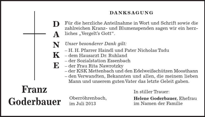 Traueranzeige Franz Goderbauer