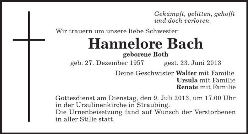 Traueranzeige Hannelore Bach