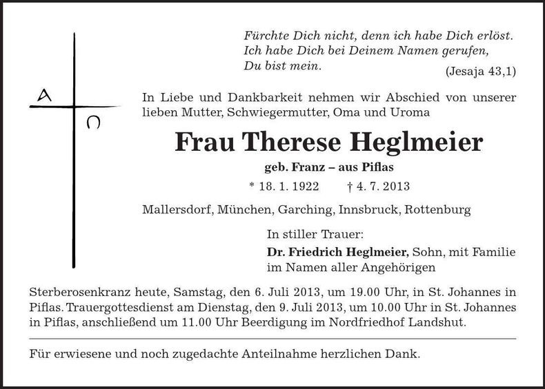 Traueranzeige Therese Heglmeier