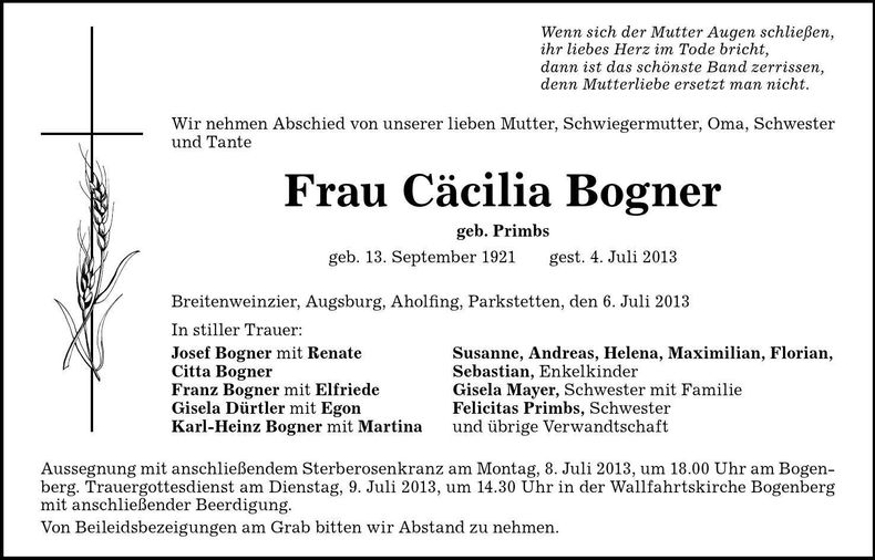 Traueranzeige Cäcilia Bogner