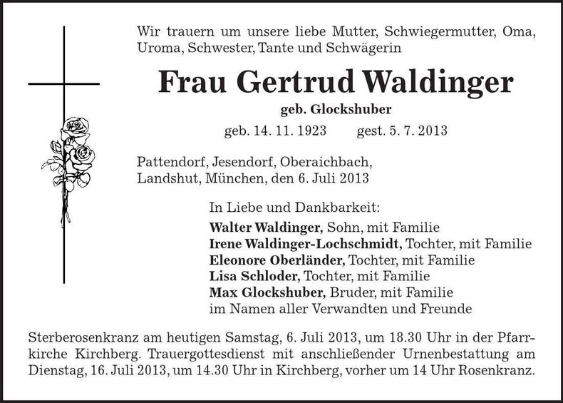 Traueranzeige Gertrud Waldinger