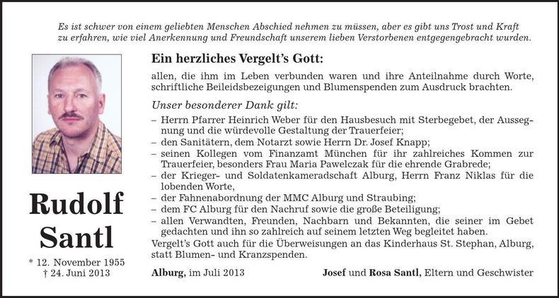 Traueranzeige Rudolf Santl