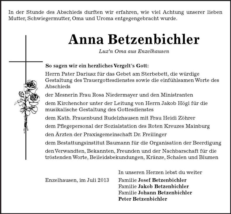Traueranzeige Anna Betzenbichler
