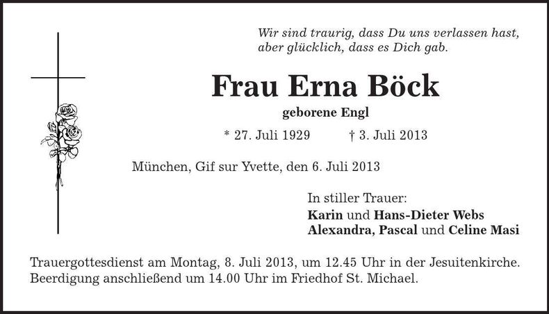 Traueranzeige Erna Böck