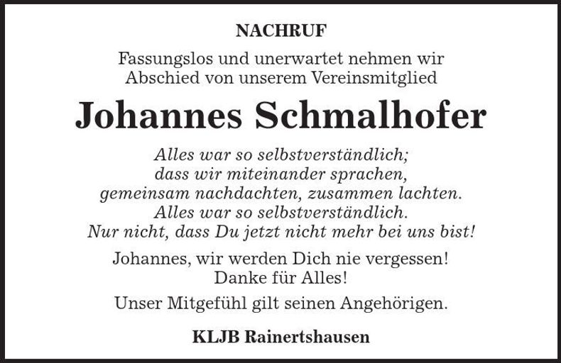 Traueranzeige Johannes Schmalhofer
