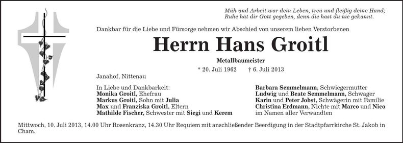 Traueranzeige Hans Groitl