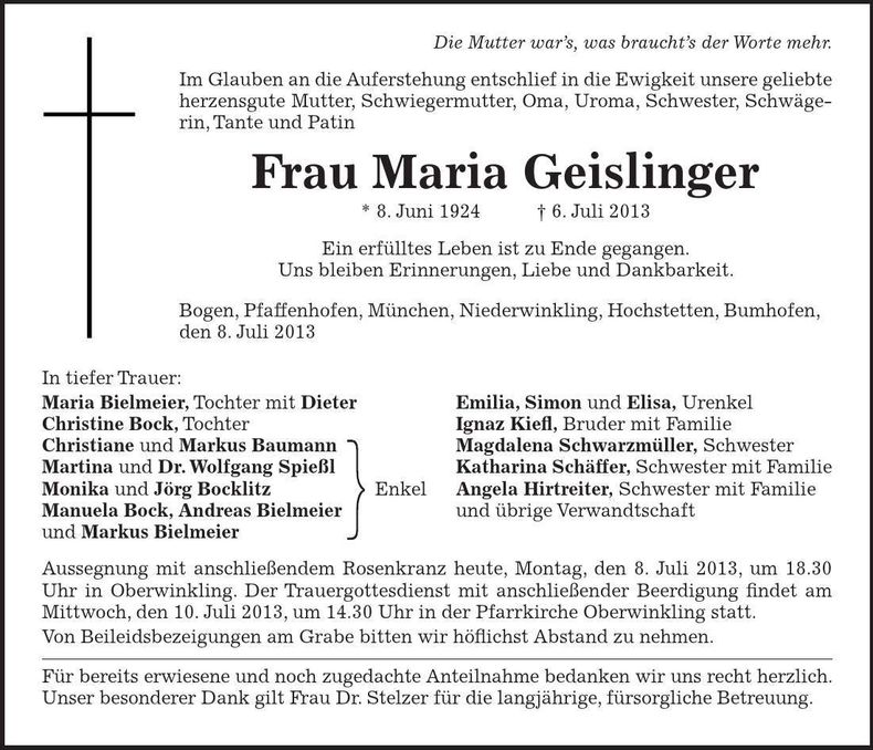 Traueranzeige Maria Geislinger