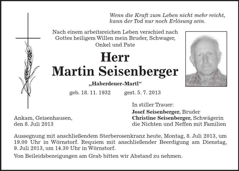 Traueranzeige Martin Seisenberger