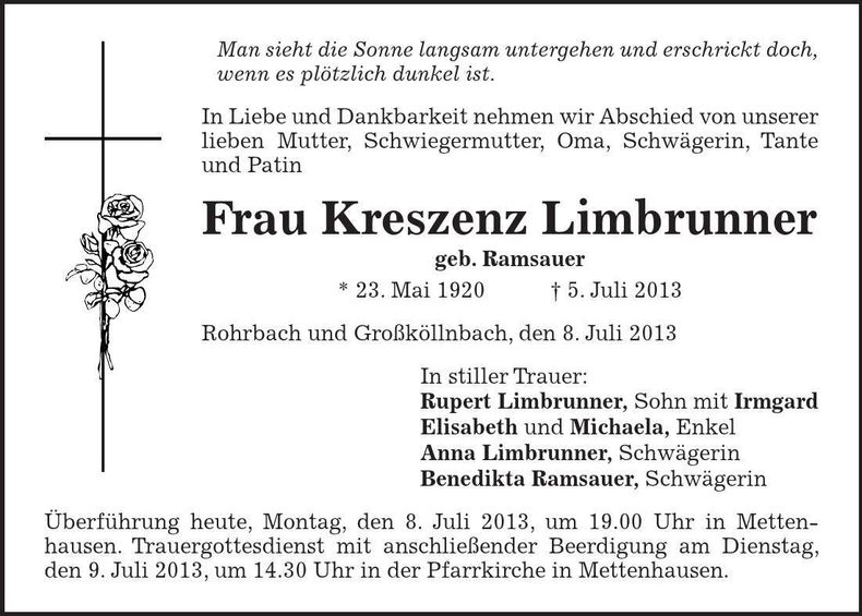 Traueranzeige Kreszenz Limbrunner