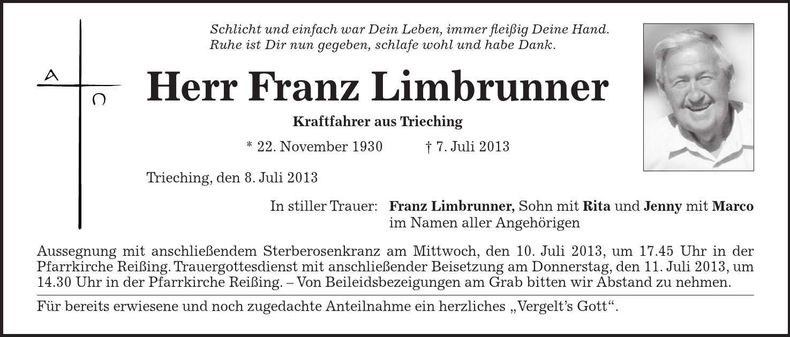 Traueranzeige Franz Limbrunner
