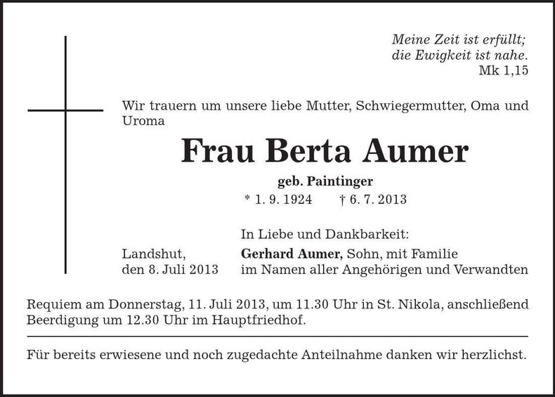 Traueranzeige Berta Aumer