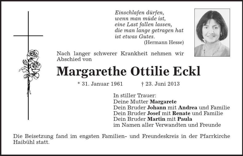 Traueranzeige Margarethe Ottilie Eckl
