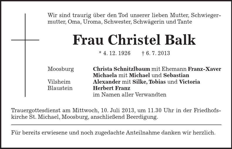 Traueranzeige Christel Balk