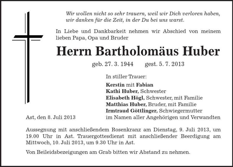 Traueranzeige Bartholomäus Huber