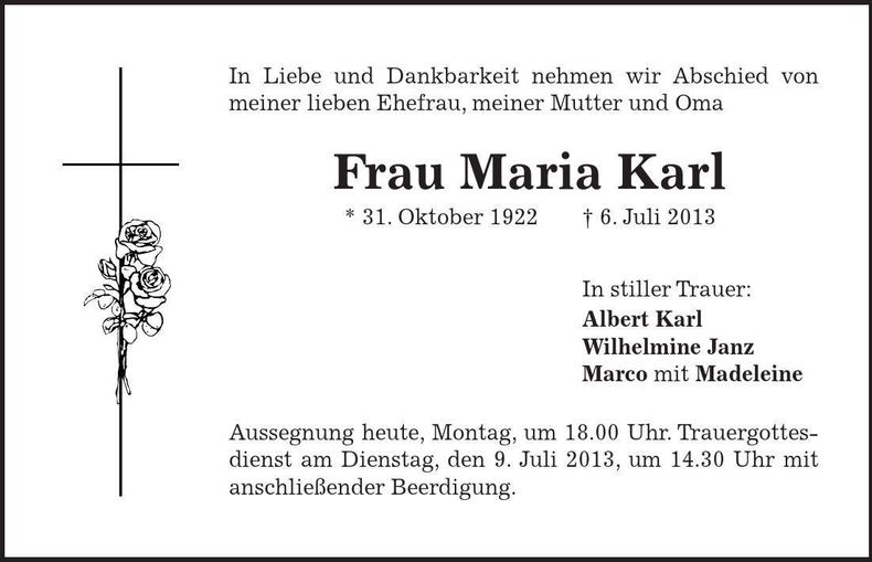 Traueranzeige Maria Karl
