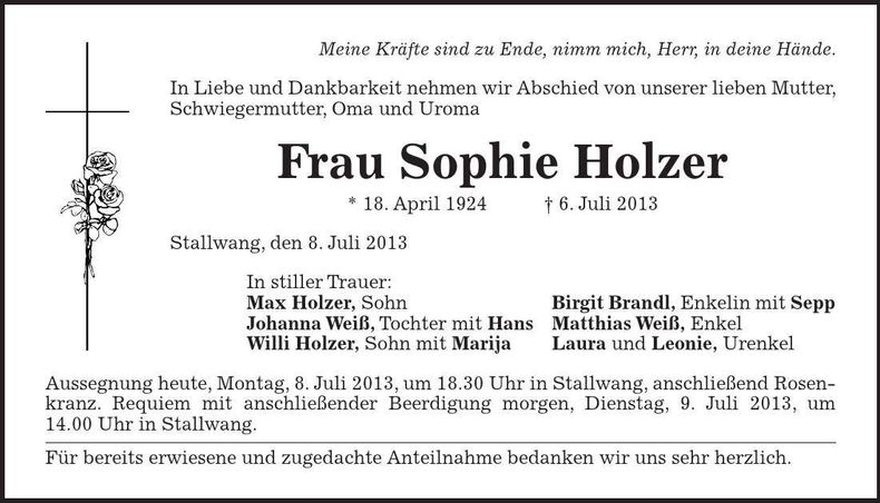 Traueranzeige Sophie Holzer