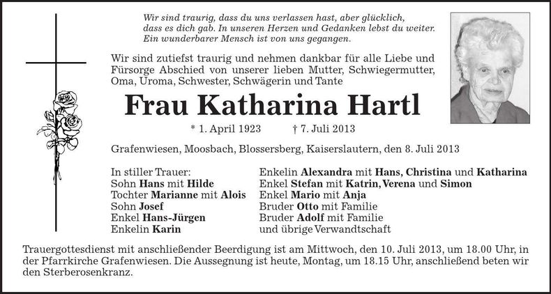 Traueranzeige Katharina Hartl