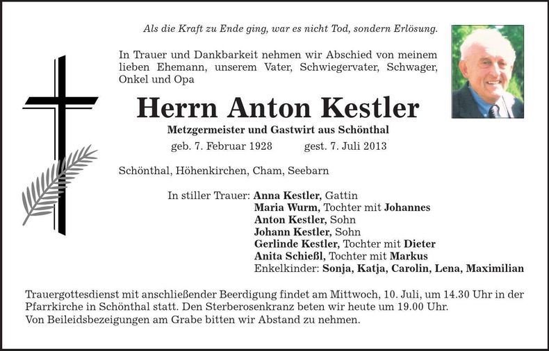 Traueranzeige Anton Kestler