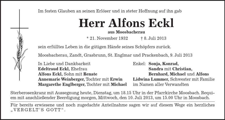 Traueranzeige Alfons Eckl