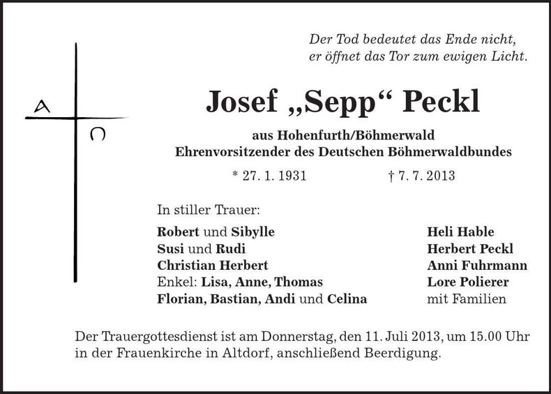 Traueranzeige Josef Peckl