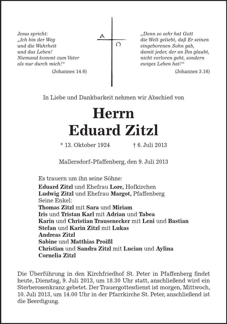 Traueranzeige Ludwig Zitzl