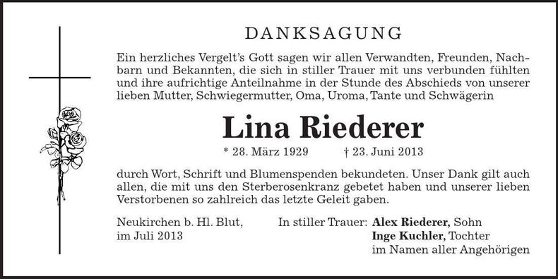 Traueranzeige Lina Riederer