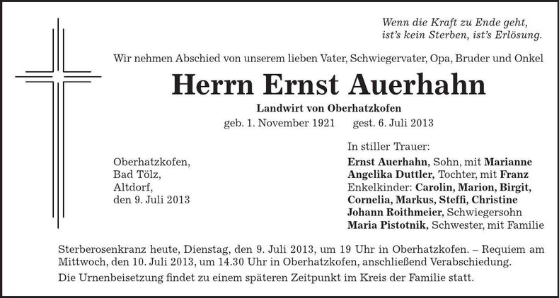 Traueranzeige Ernst Auerhahn