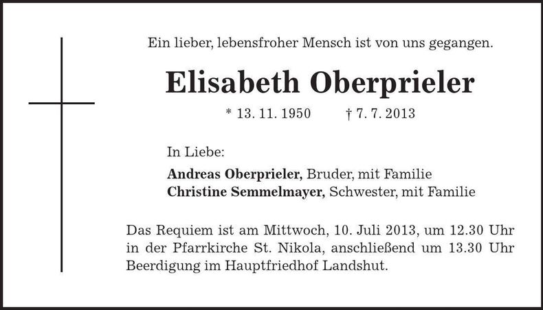 Traueranzeige Elisabeth Oberprieler