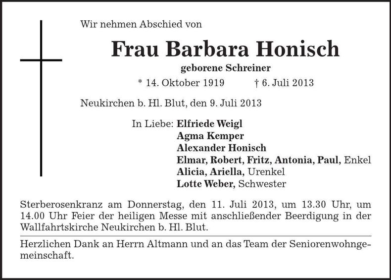 Traueranzeige Barbara Honisch