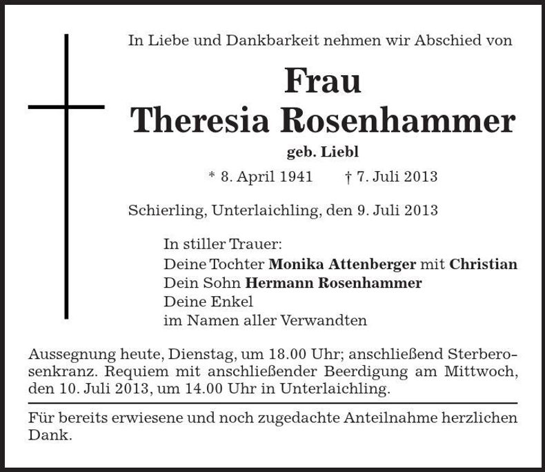 Traueranzeige Theresia Rosenhammer