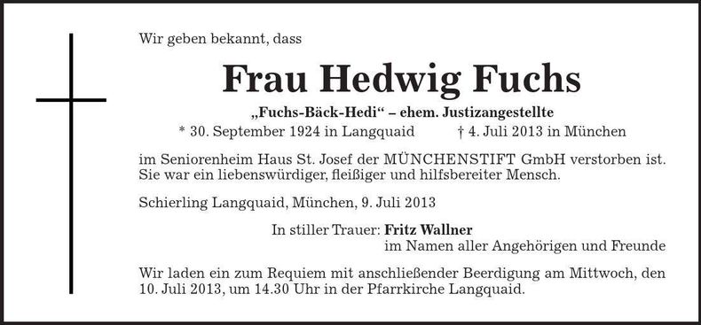 Traueranzeige Hedwig Fuchs