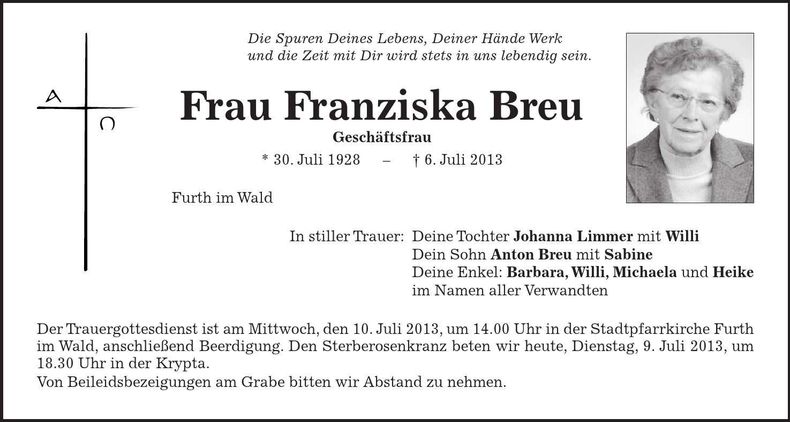 Traueranzeige Franziska Breu