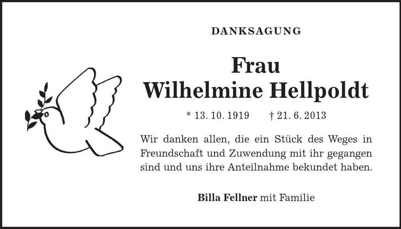 Traueranzeige Wilhelmine Hellpoldt