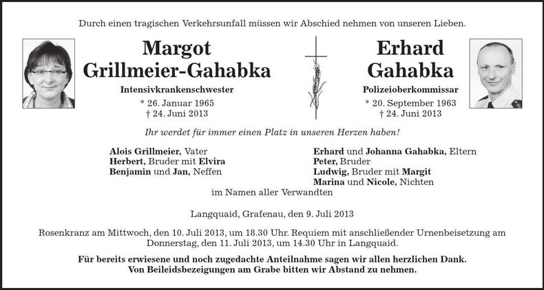Traueranzeige Margot und Erhard Gahabka