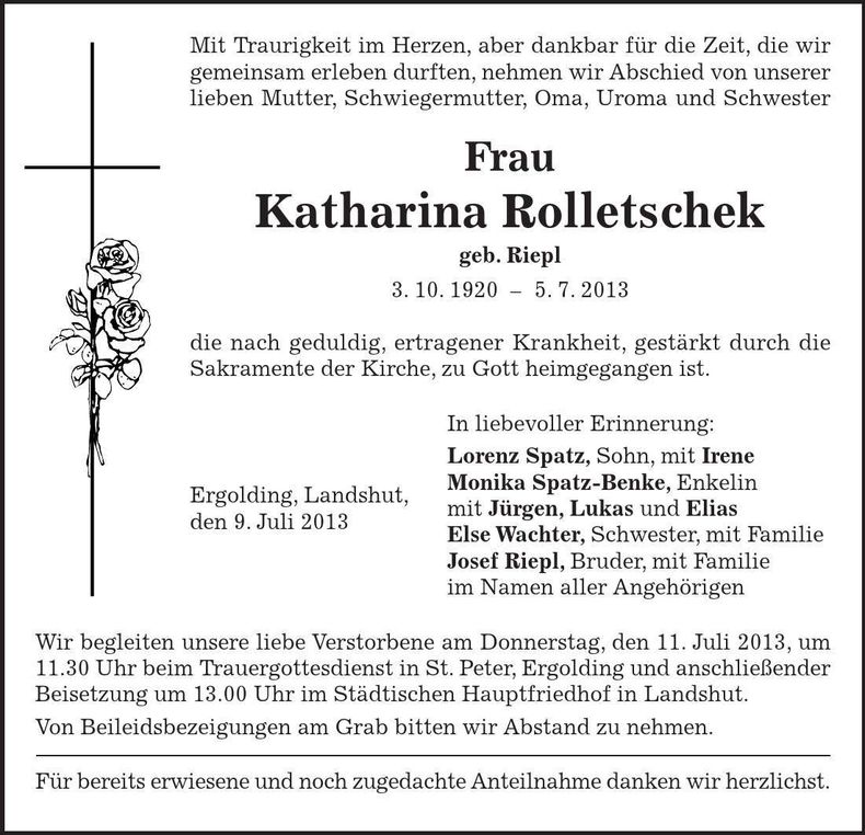 Traueranzeige Katharina Rolletschek