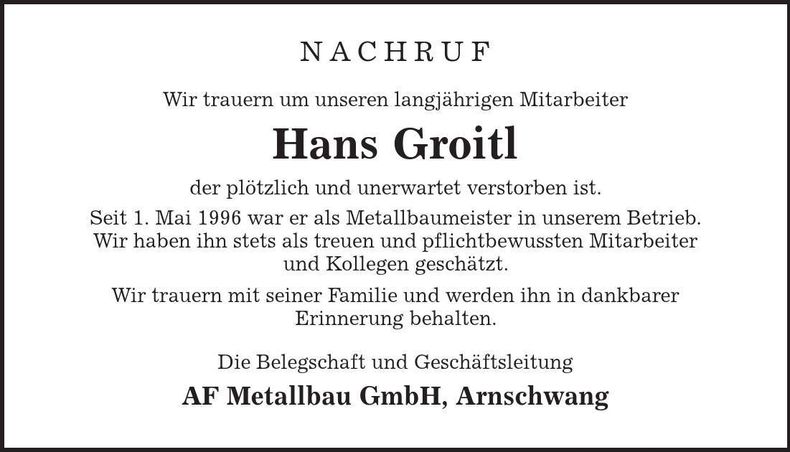 Traueranzeige Hans Groitl